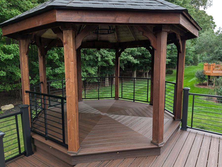 Trex Lava Rock deck with built-in gazebo and Trex Signature rod railing